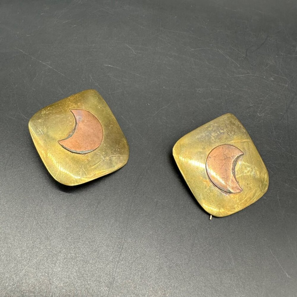 Vintage Earrings Crescent Moon Brass Copper Boho Celestial Modern Mixed Metal